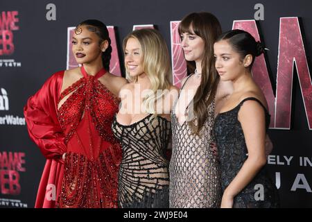 Januar 2024, Los Angeles, Kalifornien, USA: LOS ANGELES, CA - 12. Februar 2024: Celeste O'Connor, Sydney Sweeney, Dakota Johnson, Isabela Merced bei der Weltpremiere von Madame Web im Regency Village Theater (Foto: © Nina Prommer/ZUMA Press Wire) NUR ZUR REDAKTIONELLEN VERWENDUNG! Nicht für kommerzielle ZWECKE! Stockfoto