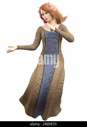 Fantasy-Magierin in mittelalterlichem Kleid, 3D-Illustration. Stockfoto