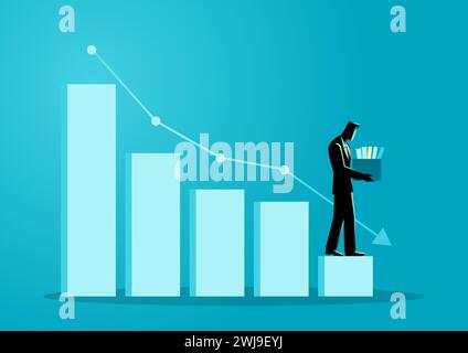 Geschäftskonzept Illustration eines Geschäftsmannes, der auf dem abnehmenden Diagramm absteigt, Entlassung erhält, Konkurs-Konzept Stock Vektor