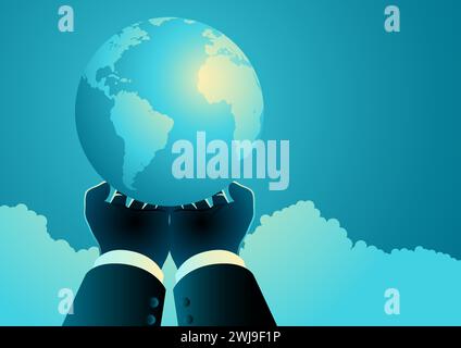 Mann hält Planeten Erde mit zwei Händen, Tag der Erde, Umweltkonzept, Vektor-Illustration Stock Vektor