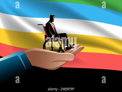 Riesige Hand, die einen Geschäftsmann im Rollstuhl hält, mit der Flagge "Disability Pride Month" als Hintergrund, Unternehmensunterstützung für Mitarbeiter mit Behinderungen Stock Vektor