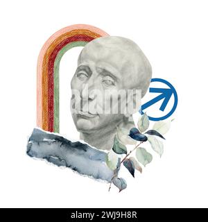 Abstrakte moderne Collage. Gipskopf. Aquarell- und Skizzenillustration. Stockfoto