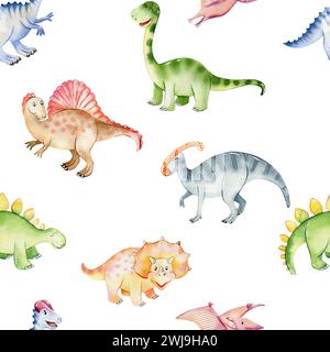 Wasserfarbenes, nahtloses Muster mit süßen Dinosauriern. Handgezeichnete Illustration Stockfoto