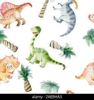 Wasserfarbenes, nahtloses Muster mit süßen Dinosauriern. Handgezeichnete Illustration Stockfoto
