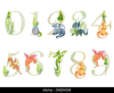 Wasserfarben Drachen Zahlen. Stockfoto