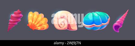 Cartoon Set von Muscheln isoliert auf schwarzem Hintergrund. Vektor-Illustration von Meeresstrand oder Aquarium Meeresboden Design Elemente, Austernschale mit Perle, Weichtiere, Schnecke, Schmuck Souvenir Sammlung Stock Vektor