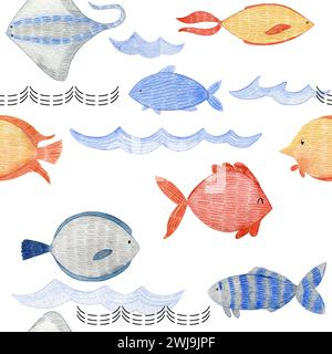 Nahtloses Aquarellmuster mit Fischen. Stockfoto