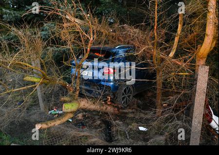 Laußig - Autofahrer brettert unter Alkohol mit Vollgas in Vorgarten und fallen mehrere Bäume: Rettungshubschrauber im Einsatz 12.02.2024 gegen 16,30 Uhr Laußig OT Pressel, Hauptstraße B183 zu einem schweren Unfall kam es am Montagnachmittag gegen 16,30 Uhr auf der B183 im Laußiger Ortsteil Pressel. Nach ersten Angaben der Polizei war der Fahrer eines VW T-Cross auf der Bundesstraße von Bad Düben kommend in den Ort Pressel eingefahren. Dabei kam er direkt am Ortsteingang in einer leichten Linkskurve von der Fahrbahn ab, donnerte durch einen Zaun auf ein angrenzendes Grundstück. Dort rammte und f Stockfoto