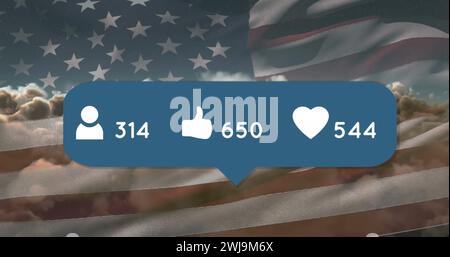 Bild von Social-Media-Symbolen mit Zahlen auf der Sprechblase über der Flagge der usa Stockfoto