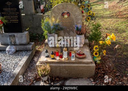 Malvazinky Friedhof in Prag - geschmücktes Grab des Schauspielers, Schauspielers und Sängers Daniel Nekonečný. Stockfoto