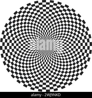 Hintergrund mit kariertem Kreis. Kreis mit geometrischem Muster aus Schachbrett. Optischer runder Hintergrund mit strahlenden Linien und Schwarz-weiß Stock Vektor