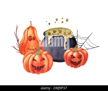 Aquarellillustration mit Kürbissen, Hexentopf, Spinnennetz und trockenem Ast. Halloween-festliches, gruseliges Dekor. Stockfoto
