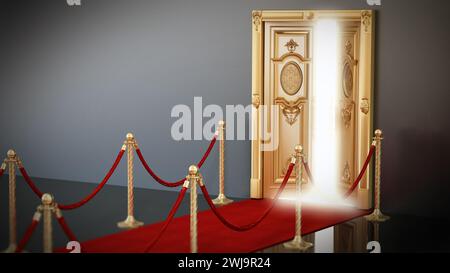 Roter Teppich und Samtseile führen zur halb geöffneten goldenen Tür. 3D-Illustration. Stockfoto