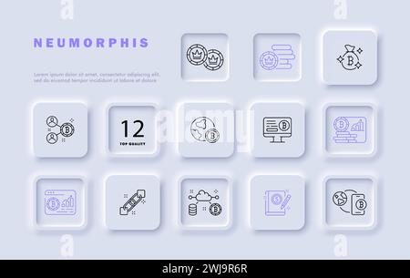 Symbol für Bitcoin-Set-Line. Kryptowährung, Blockchain, Übersetzung, Wechselkurs, Dollar, Handel, Erträge. Neomorphismusstil. Symbol für Vektorlinie für Busi Stock Vektor