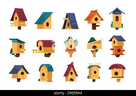 Vogelhaus. Karikaturhölzernest mit Eiern, niedliches kindliches Vogelhaus aus Holz für Frühling und Sommer. Vektorsatz Stock Vektor