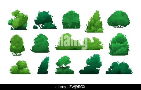 Zeichentrickbüsche. Grüne Sträucher und Bäume für Garten, Hecke und Feld, floristische dekorative Elemente in flachem Stil. Vektor-isolierter Satz Stock Vektor