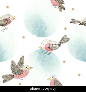 Nahtloses Muster mit Bullfink-Vögeln, handgezeichnet isoliert auf einem weißen schneebedeckten Hintergrund. Aquarellillustration für das Winterdesign von Postkarten, pac Stockfoto