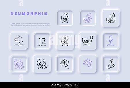 Symbol für die Linie des Natursatzes. Sprossen, Wechseln, Gießen, Uhr, Blume, Erde, Grün. Neomorphismusstil. Vektorlinien-Symbol für Unternehmen und Werbung Stock Vektor
