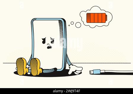 Smartphone-Charakter mit niedrigem Akkuladestand. Cartoon leeres Handy mit Geste und Stimmungsausdruck. Vektor modernes Telefon im 40-s-Cartoon Stil Stock Vektor