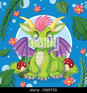 Farbenfroher Drache, der zwischen Blumen und Pilzen sitzt Stock Vektor