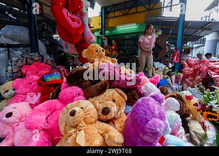 Manila, Manila, Die Philippinen. Februar 2024. Eine Frau mit Blumen verlässt am Valentinstag einen Laden mit Teddybären. Lokale Medien sagen, dass das Festival wirtschaftliche Vorteile für das Land bringen wird, da die Menschen mehr Geld für den Kauf von Blumen, Schokolade und anderen Geschenken ausgeben, um ihr Engagement und ihre Liebe zu ihren Partnern zu zeigen. (Kreditbild: © Daniel Ceng Shou-Yi/ZUMA Press Wire) NUR REDAKTIONELLE VERWENDUNG! Nicht für kommerzielle ZWECKE! Stockfoto