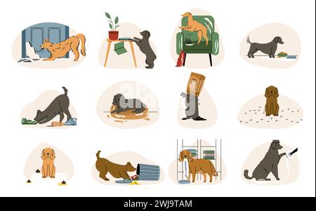 Hunde, die Chaos verursachen. Cartoon freche Welpen zerstören und beschädigen Heimatgebiet, Hundeverhalten und Stimmungskonzept. Vektor-isolierter Satz Stock Vektor