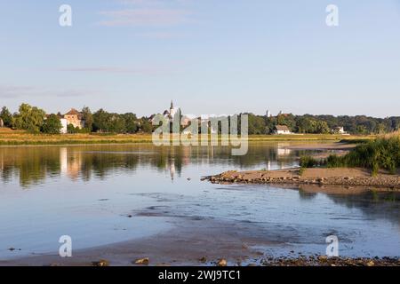 Stadtansicht über die Elbe mit Kirche und Schloss Strehla, Sächsisches Elbland, Sachsen, Deutschland *** Stadtblick über die Elbe mit Strehla-Kirche Stockfoto