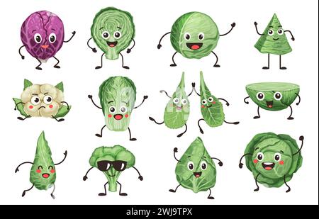 Zeichentrickfiguren. Gemüsegesichter mit verschiedenen Emotionen, lustige rosenkohl und Blumenkohl Gesichter mit Emotionen. Vektor-Comic Stock Vektor