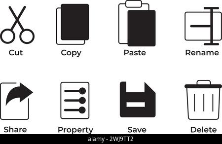 Ausschneiden, Kopieren, Einfügen, Umbenennen, Freigeben, speichern und löschen Sie die Symbolsammlung im Linien- und Glyphenstil Stock Vektor