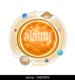 Vektor-Logo für Sonnensystem, dekorativer kosmischer Druck mit orangefarbener Sonne, rotierende Planeten des Sonnensystems und verschiedene Monde, runder Kosmo-Aufkleber Stock Vektor