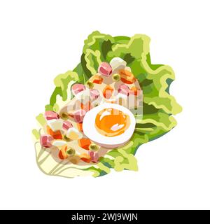 Gemüsemischung mit Soße auf einem Salatblatt. Salat und ein halbes gekochtes Ei, vegetarisches Essen. Gesunde Ernährung. Selbstversorgung. Vektorabbildung Stock Vektor