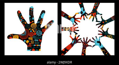 Abstraktionsfreundschaft. Hände mit Mustern. Handzeichnung. Nicht AI. Vektorillustration des Posters Stock Vektor