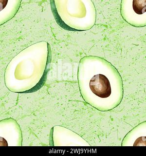 Nahtloses Wiederholungsmuster mit grüner Avocado und Spritzern. Handgezeichnete Lebensmittelillustration. Für Textilgewebe Stockfoto