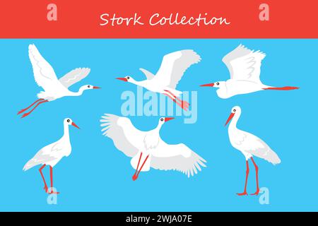 Storch-Vektor-Illustration. Eine Reihe von Weißstörchen isoliert auf blauem Hintergrund. Stock Vektor