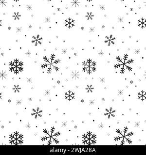 Nahtloses Muster mit schwarzen Schneeflocken auf weißem Hintergrund. Schneebedeckte Ikonen mit flacher Linie, niedliche Schneeflocken wiederholen die Hintergrundbilder. Schönes Element für weihnachten Stock Vektor