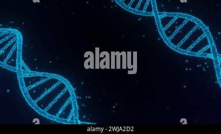 3D-Struktur von Neon glühenden DNA-Strängen isoliert auf dunkelblauem Hintergrund 8k Illustration. Medizinische Wissenschaft, genetische Biotechnologie, chemische Biologie, Stockfoto