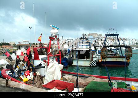 Peniscola, Fischerhafen. Bajo Maestrazgo, Castellon, Comunidad Valenciana, Spanien. Stockfoto