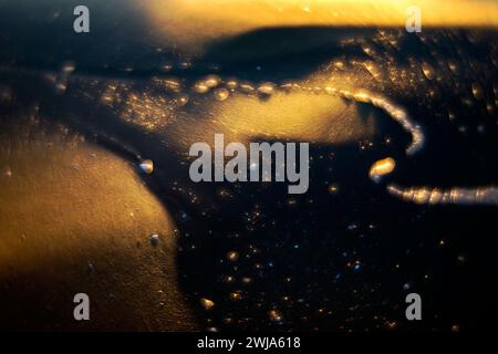 Die goldenen Sonnenstrahlen strahlen strahlen ein mystisches Leuchten auf Wassertropfen und erzeugen einen Bokeh-Effekt auf einer dunklen Oberfläche Stockfoto