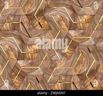 Geometrisches Holzdesign 3D-Paneele mit Golddekor mit Material Holznuss und Gold mit hochwertiger, nahtloser, realistischer Textur Stockfoto