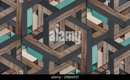 3D-Tapeten in Form einer Nachahmung von dekorativem Mosaik aus holzfarbenen Details und goldenem Dekor mit hochwertiger nahtloser, realistischer Textur Stockfoto