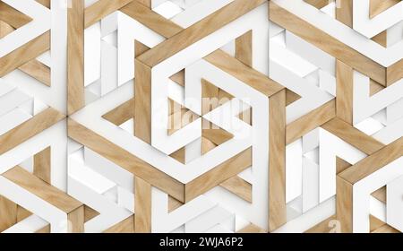3D-Tapeten in Form einer Nachahmung von dekorativen Mosaiken aus Holz und weißen Elementen mit hochwertiger, nahtloser, realistischer Textur Stockfoto
