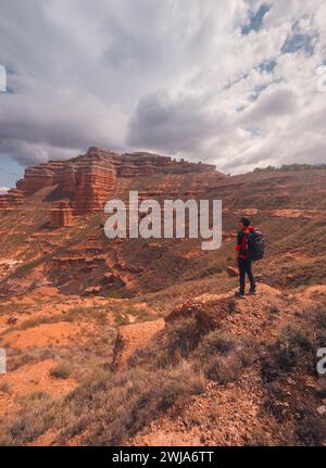 Blick von oben auf anonyme männliche Touristen mit Rucksack, der auf einem Hügel steht und die malerische Landschaft der spanischen Badlands während der Besichtigungstour betrachtet Stockfoto