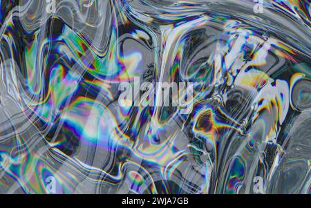 Ein abstraktes Bild mit wirbelnden flüssigkeitsähnlichen Mustern auf monochromatischer Basis mit regenbogenfarbenen Verzerrungen, die an psychedelische Kunst erinnern Stockfoto