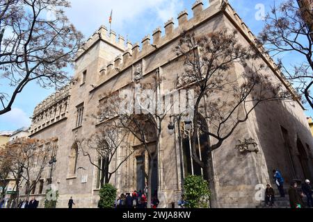 Valencia, La Lonja dela Seda o de los Mercaderes (gotisches 15. Jahrhundert). Weltkulturerbe. Comunidad Valenciana, Spanien. Stockfoto