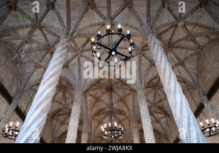 Valencia, La Lonja dela Seda o de los Mercaderes (gotisches 15. Jahrhundert). Tresor und Spalten. Weltkulturerbe. Comunidad Valenciana, Spanien. Stockfoto