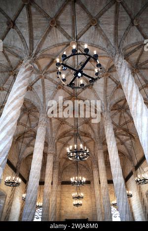 Valencia, La Lonja dela Seda o de los Mercaderes (gotisches 15. Jahrhundert). Weltkulturerbe, Gewölbe und Säulen. Comunidad Valenciana, Spanien. Stockfoto