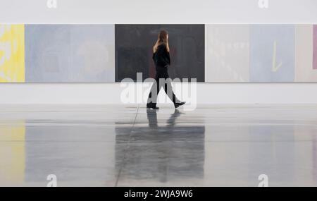 White Cube Bermondsey, London, Großbritannien. Februar 2024. Ältere Werke und Schattenbilder. Gemälde von Sergej Jensen werden zusammen in einer durchgehenden Installation über drei Galeriewände gezeigt, inspiriert von Andy Warhols Schatten (1978–79), einem einzigen Gemälde, das in mehreren Teilen um den Rand eines Raumes hängt. Die Ausstellung findet vom 14. Februar bis 24. März 2024 statt. Quelle: Malcolm Park/Alamy Live News Stockfoto