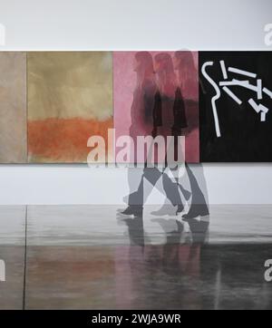 White Cube Bermondsey, London, Großbritannien. Februar 2024. Ältere Werke und Schattenbilder. Gemälde von Sergej Jensen werden zusammen in einer durchgehenden Installation über drei Galeriewände gezeigt, inspiriert von Andy Warhols Schatten (1978–79), einem einzigen Gemälde, das in mehreren Teilen um den Rand eines Raumes hängt. Die Ausstellung findet vom 14. Februar bis 24. März 2024 statt. Quelle: Malcolm Park/Alamy Live News Stockfoto