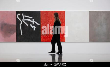 White Cube Bermondsey, London, Großbritannien. Februar 2024. Ältere Werke und Schattenbilder. Gemälde von Sergej Jensen werden zusammen in einer durchgehenden Installation über drei Galeriewände gezeigt, inspiriert von Andy Warhols Schatten (1978–79), einem einzigen Gemälde, das in mehreren Teilen um den Rand eines Raumes hängt. Die Ausstellung findet vom 14. Februar bis 24. März 2024 statt. Quelle: Malcolm Park/Alamy Live News Stockfoto