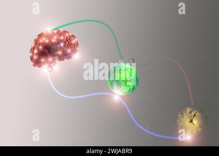 Begriff der künstlichen Intelligenz mit einer auf Fotografien gemischten Illustration Stockfoto